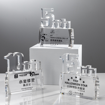 8 inch hoge gegoten acryl award plexiglas trofee voor 10e jaar jubileum evenement